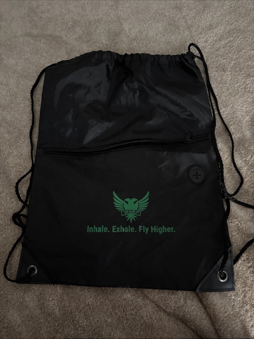 Inhale. Exhale. Fly Higher. Black Drawstring Gym Bag